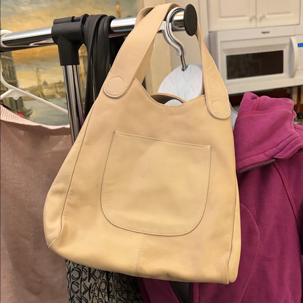 Soft Cream Italian Leather Shoulder Tote Bag